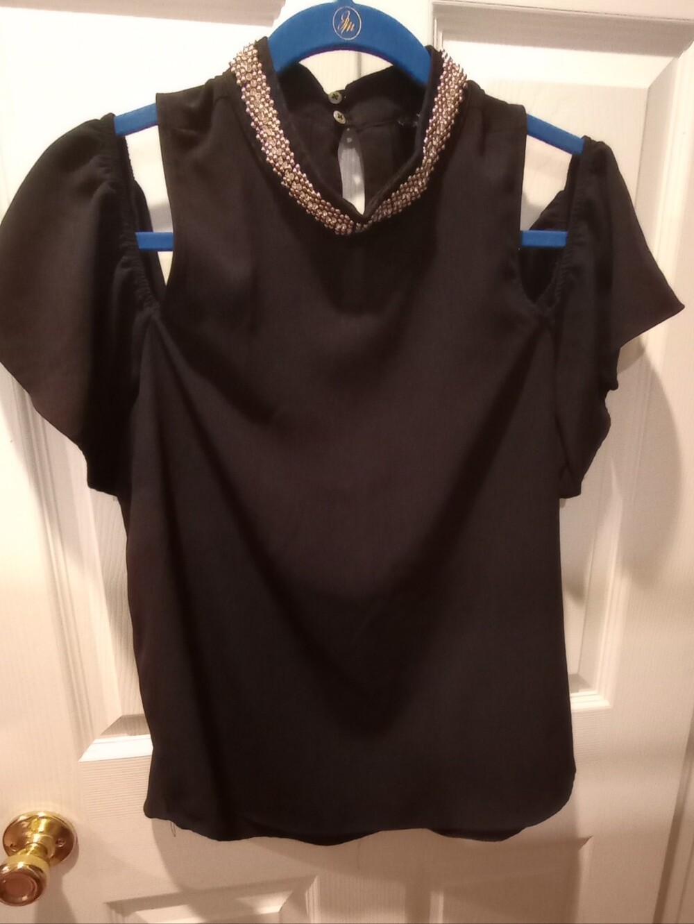 XOXO Black Cold-Shoulder Beaded-Neck Blouse
